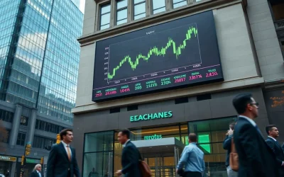 Digital price ticker on a financial exchange building showing Bitcoin trading above $87,000