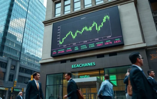 Digital price ticker on a financial exchange building showing Bitcoin trading above $87,000
