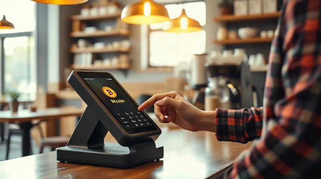 Customer paying with a smartphone at a point-of-sale terminal that accepts Bitcoin