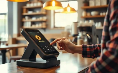 Customer paying with a smartphone at a point-of-sale terminal that accepts Bitcoin