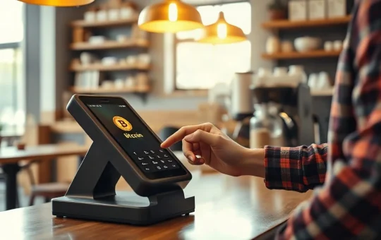 Customer paying with a smartphone at a point-of-sale terminal that accepts Bitcoin