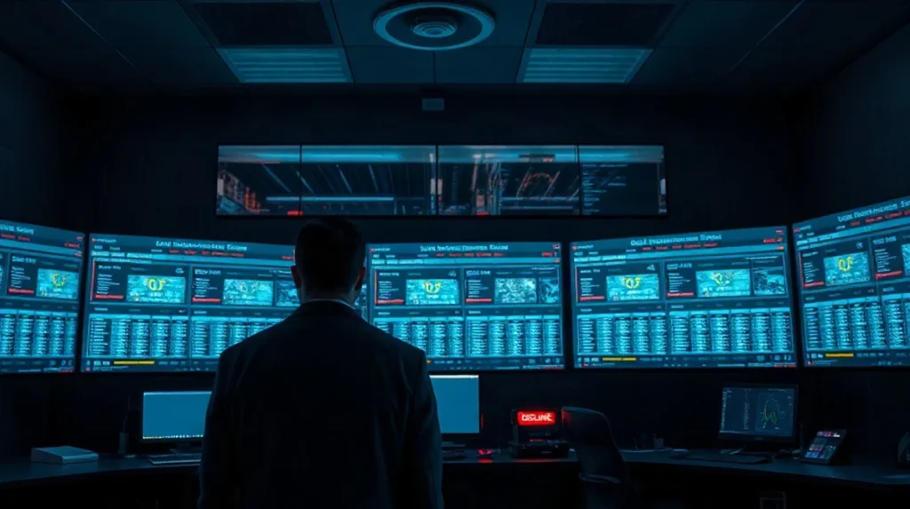 Dark cybersecurity operations room with monitors showing offline scam websites and server racks