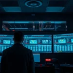 Dark cybersecurity operations room with monitors showing offline scam websites and server racks