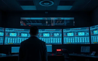 Dark cybersecurity operations room with monitors showing offline scam websites and server racks