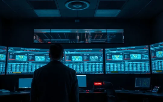 Dark cybersecurity operations room with monitors showing offline scam websites and server racks