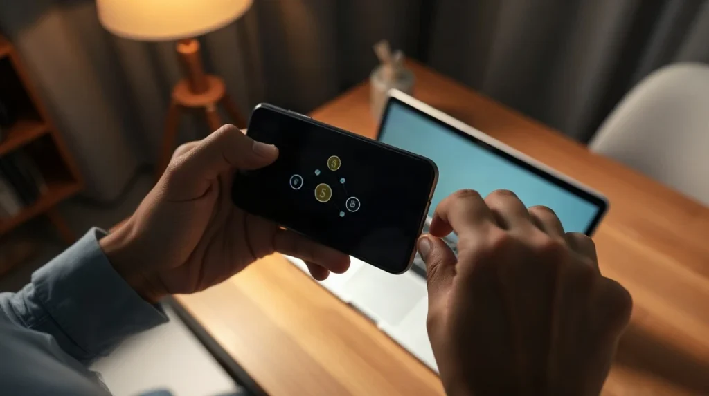 Hands holding a smartphone showing a dark self-custody Bitcoin wallet interface at a dimly lit desk