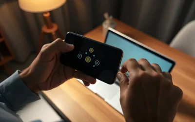 Hands holding a smartphone showing a dark self-custody Bitcoin wallet interface at a dimly lit desk