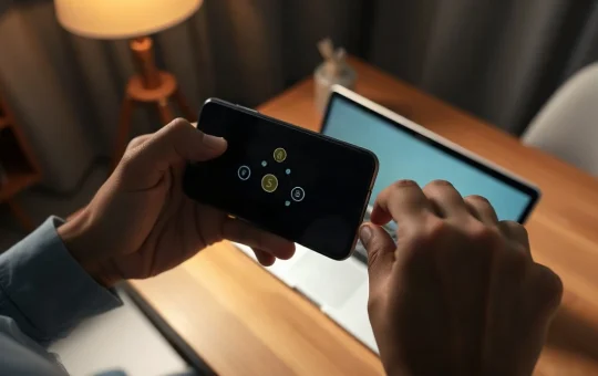 Hands holding a smartphone showing a dark self-custody Bitcoin wallet interface at a dimly lit desk