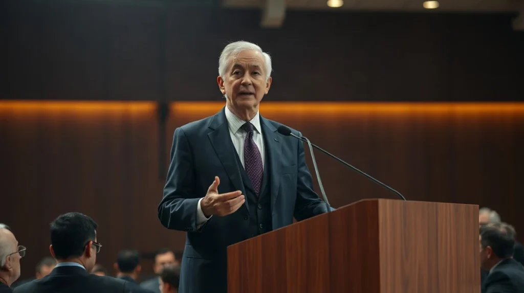 Financial executive in a dark suit speaking at a conference lectern under warm stage lighting