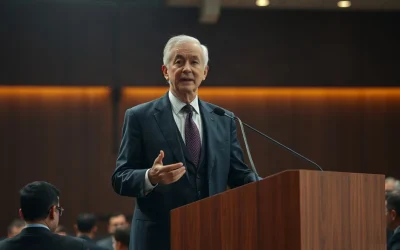 Financial executive in a dark suit speaking at a conference lectern under warm stage lighting