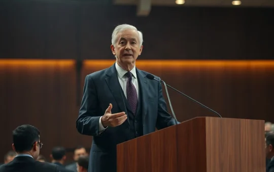Financial executive in a dark suit speaking at a conference lectern under warm stage lighting