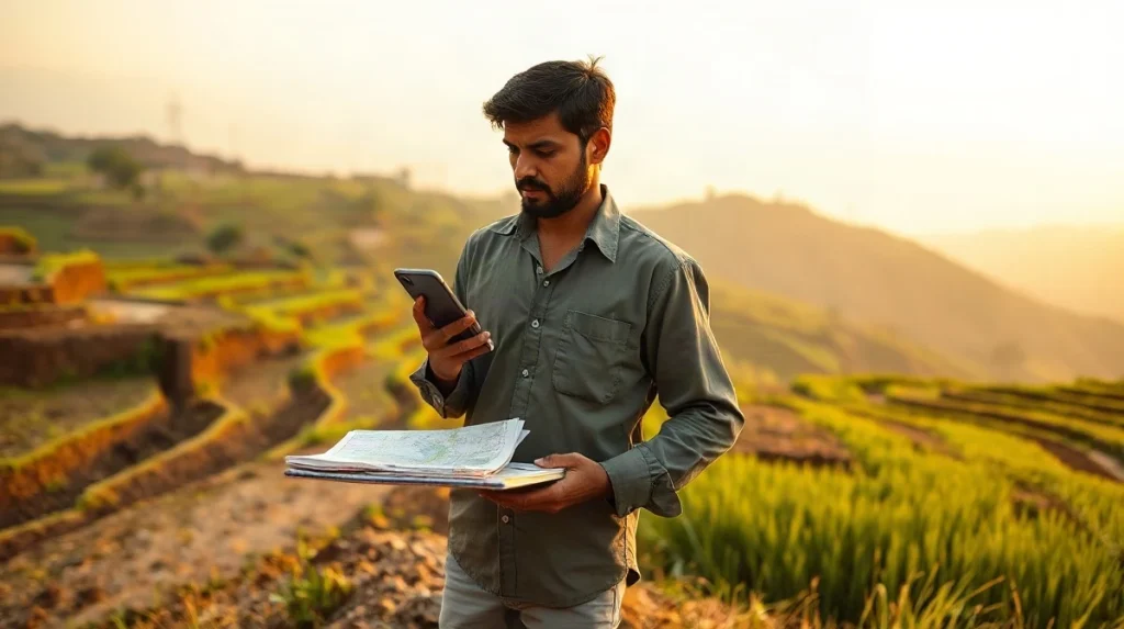 Indian farmer in a terraced field at dawn checking his plot boundary on a smartphone
