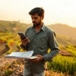 Indian farmer in a terraced field at dawn checking his plot boundary on a smartphone