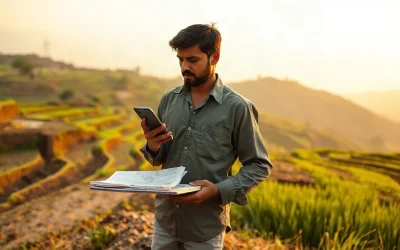 Indian farmer in a terraced field at dawn checking his plot boundary on a smartphone