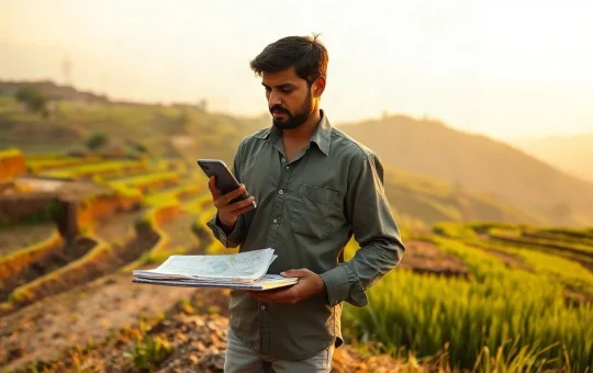 Indian farmer in a terraced field at dawn checking his plot boundary on a smartphone