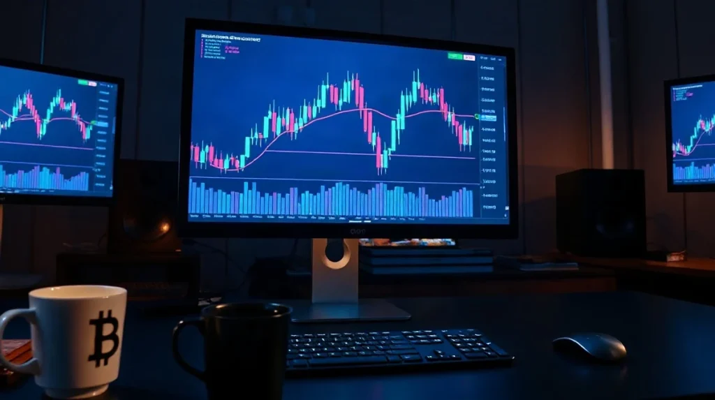 Trading monitor showing a cryptocurrency candlestick chart with a resistance line under blue screen light