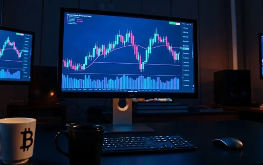 Trading monitor showing a cryptocurrency candlestick chart with a resistance line under blue screen light