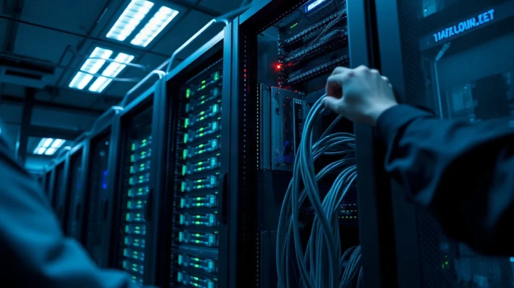 Server racks in a data center with a technician adjusting a network cable