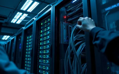 Server racks in a data center with a technician adjusting a network cable