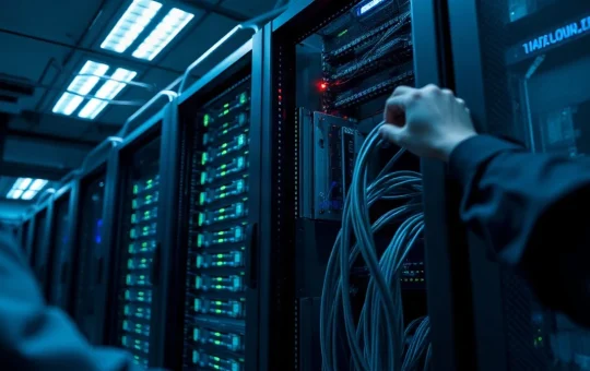 Server racks in a data center with a technician adjusting a network cable