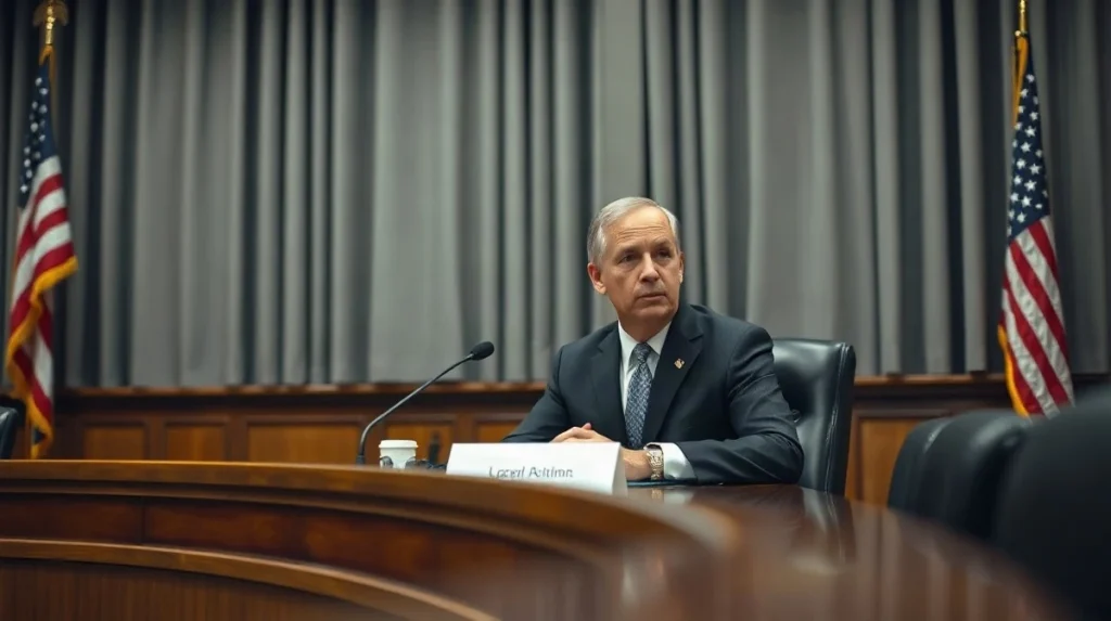 Federal regulator speaking into a broadcast microphone during a television interview.