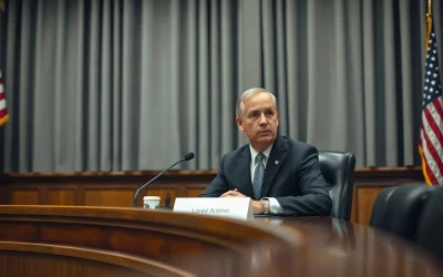 Federal regulator speaking into a broadcast microphone during a television interview.
