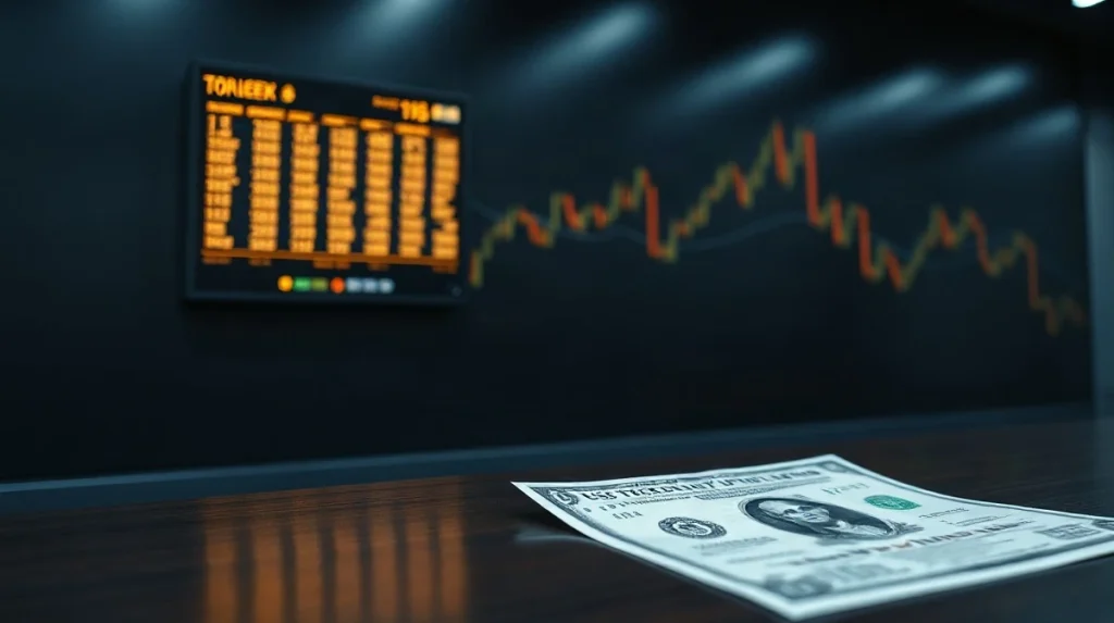 Blockchain ledger display beside US Treasury bond certificates on a trading desk