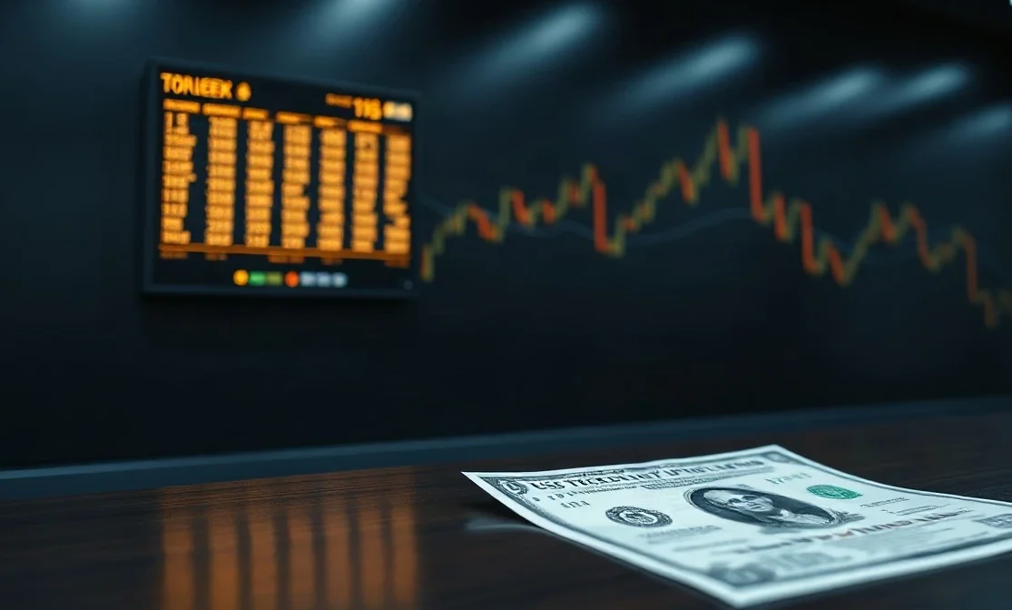 Blockchain ledger display beside US Treasury bond certificates on a trading desk