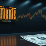 Blockchain ledger display beside US Treasury bond certificates on a trading desk