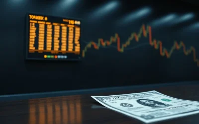 Blockchain ledger display beside US Treasury bond certificates on a trading desk