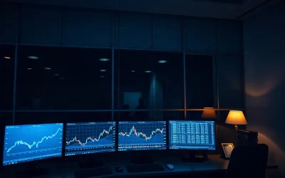 Dark trading operations room with charts on monitors showing continuous market pricing