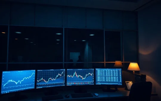 Dark trading operations room with charts on monitors showing continuous market pricing