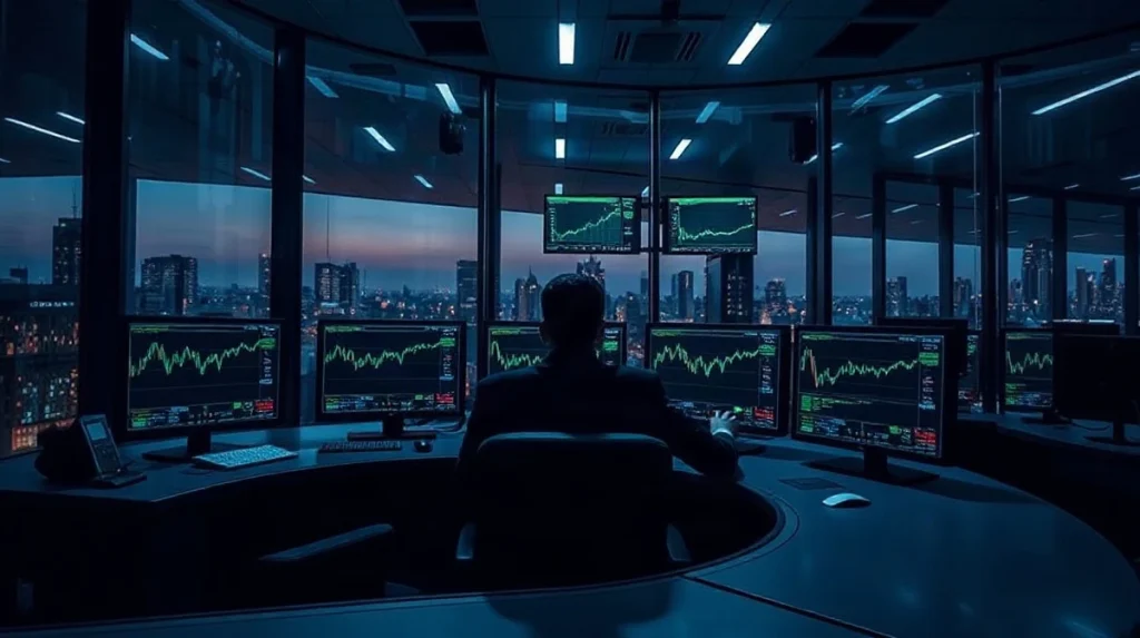 Institutional analyst at a multi-monitor desk monitoring onchain lending data in a glass-walled office at dusk