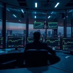 Institutional analyst at a multi-monitor desk monitoring onchain lending data in a glass-walled office at dusk