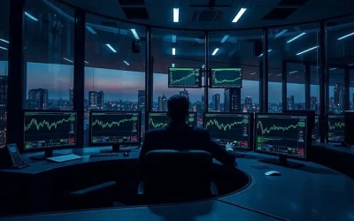 Institutional analyst at a multi-monitor desk monitoring onchain lending data in a glass-walled office at dusk