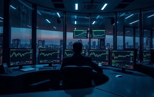 Institutional analyst at a multi-monitor desk monitoring onchain lending data in a glass-walled office at dusk