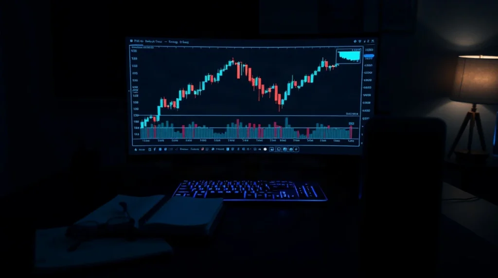 Trading monitor showing a falling crypto price chart with a marked support line on a dim desk