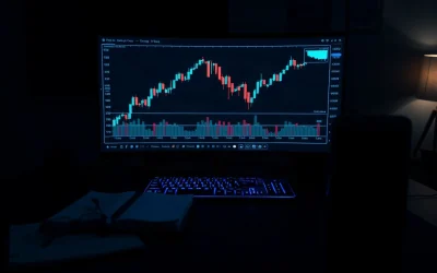 Trading monitor showing a falling crypto price chart with a marked support line on a dim desk