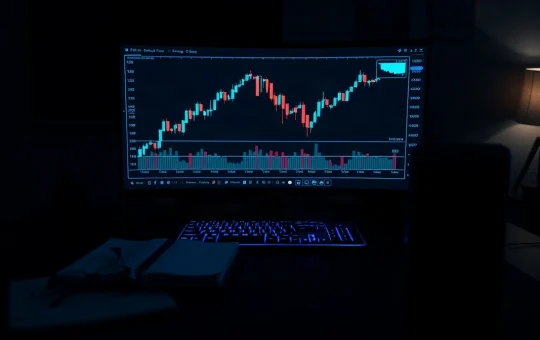Trading monitor showing a falling crypto price chart with a marked support line on a dim desk