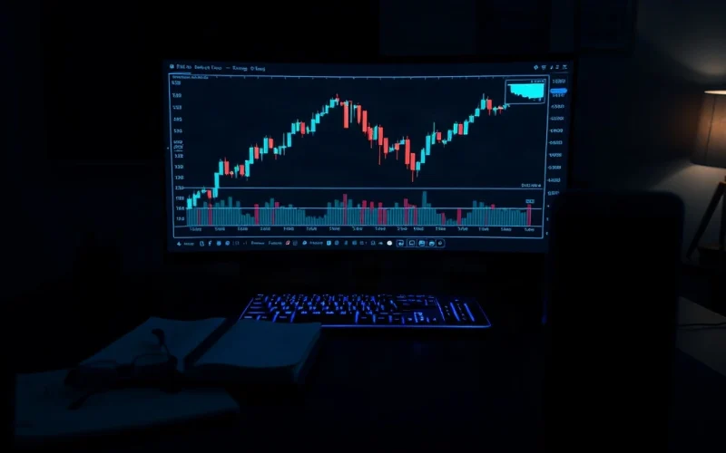 Trading monitor showing a falling crypto price chart with a marked support line on a dim desk