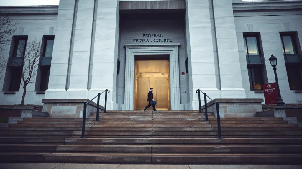 Federal courthouse steps in Washington on an overcast morning where the Circle shareholder lawsuit was filed