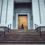 Federal courthouse steps in Washington on an overcast morning where the Circle shareholder lawsuit was filed