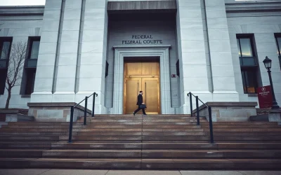 Federal courthouse steps in Washington on an overcast morning where the Circle shareholder lawsuit was filed