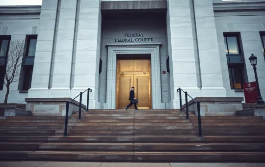 Federal courthouse steps in Washington on an overcast morning where the Circle shareholder lawsuit was filed