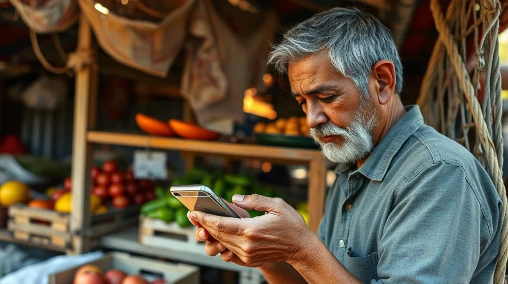 Market vendor in Latin America checking a smartphone, illustrating bitcoin use outside formal banking
