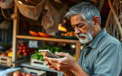Market vendor in Latin America checking a smartphone, illustrating bitcoin use outside formal banking