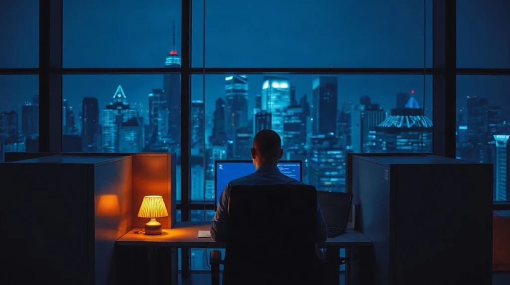Bank employee working at dual monitors showing payment dashboards in an office at night