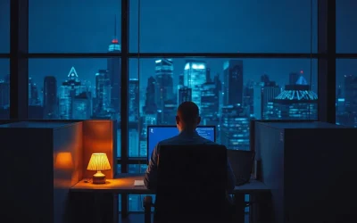 Bank employee working at dual monitors showing payment dashboards in an office at night