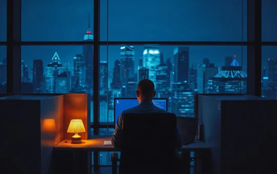 Bank employee working at dual monitors showing payment dashboards in an office at night