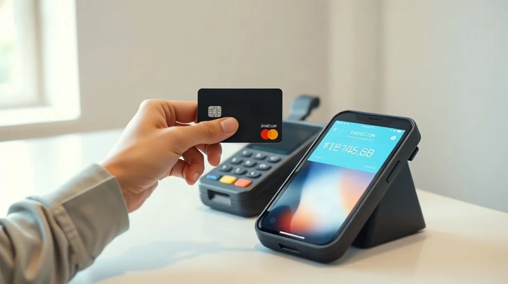 A crypto debit card being tapped on a point-of-sale terminal beside a phone showing a stablecoin balance